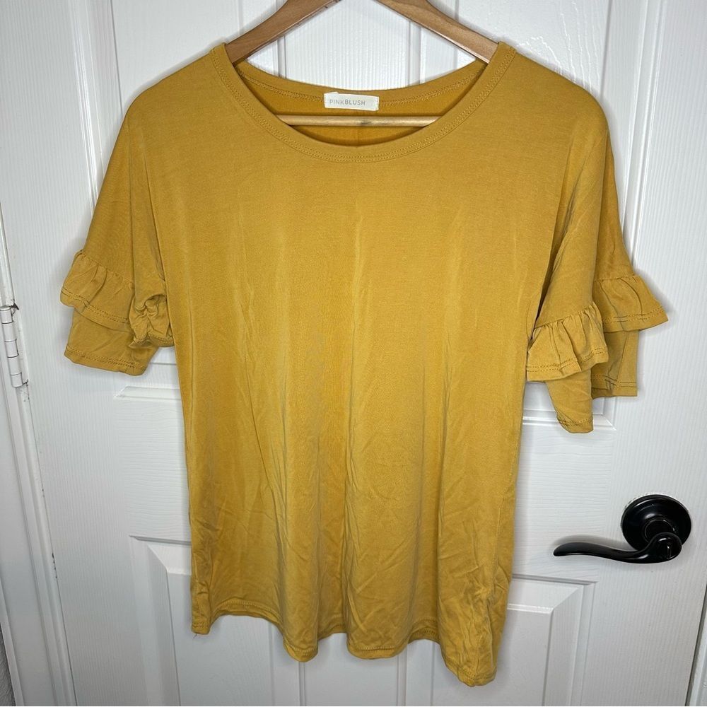 Pinkblush Maternity Yellow Modal Blend Ruffle Sleeve Blouse Sz S Preppy Chic